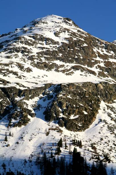 istock Snow-capped mountain peak under a clear blue sky, showcasing rugged terrain and sparse trees. 2192243339