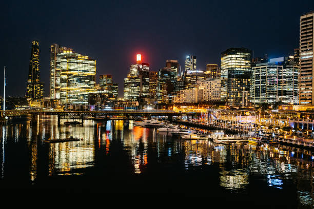 Darling Harbor in Sidney in Australia at night.