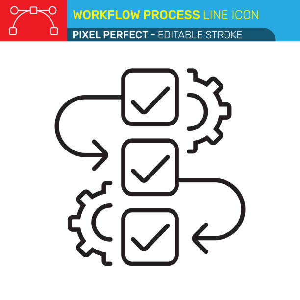 Workflow Process Icon - Checkboxes, Gears, and Arrows, Sequential Steps, Minimalist Design, Efficiency Symbol, Task Management - Pixel Perfect with Editable Stroke - UI and UX Vector Icons. Workflow process icon, line drawing, checkboxes, gears, arrows, sequential steps, black and white design, minimalist, pixel perfect, editable stroke, vector graphic, technical illustration, business concept, efficiency symbol, process optimization, task management, productivity icon, clean lines, simple shapes, professional diagram sequential series stock illustrations