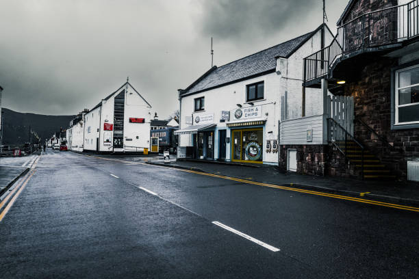 Scenes of Ullapool village on the shores of Loch Broom in the North West Highlands of Scotland. Cold and wet weather on a New Years Eve.