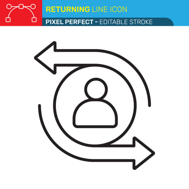 Returning icon, featuring a curved arrow pointing backward, symbolizing the process of return or reversal. Often used to represent the action of going back, refunds, or product returns in e-commerce. Suitable for business, logistics, and customer service applications. Pixel Perfect - Editable Stroke - UI, UX Vector Icons.