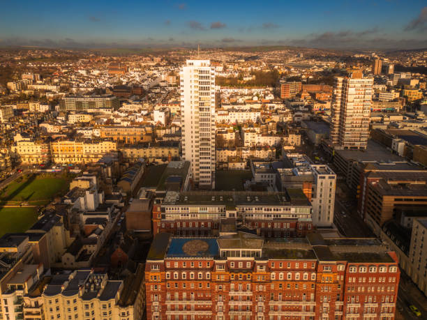 Aerial view of architecture and hotels on seafront in Brighton, UK