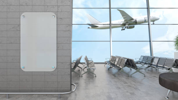 Airport Waiting Area With Seats and Empty Mock up Billboard Screen. 3D Render
