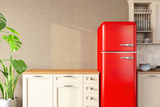 istock Stylish Kitchen with Vintage Red Refrigerator and Empty Wall 2192253709