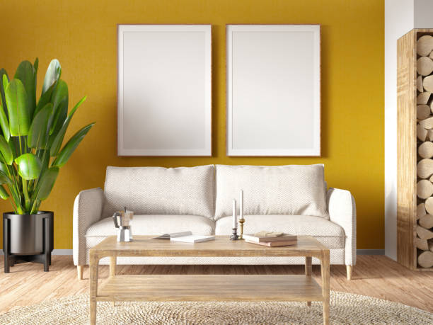 istock Cozy Scandinavian Style Living Room with Two Empty Picture Frames 2192253803