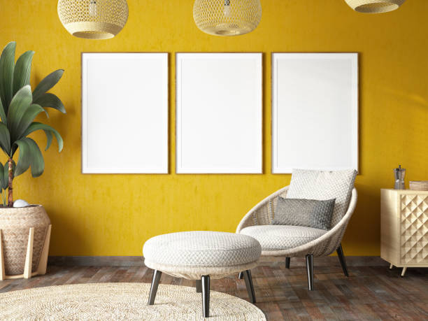 istock Cozy Scandinavian Style Living Room with Three Empty Picture Frames 2192253822