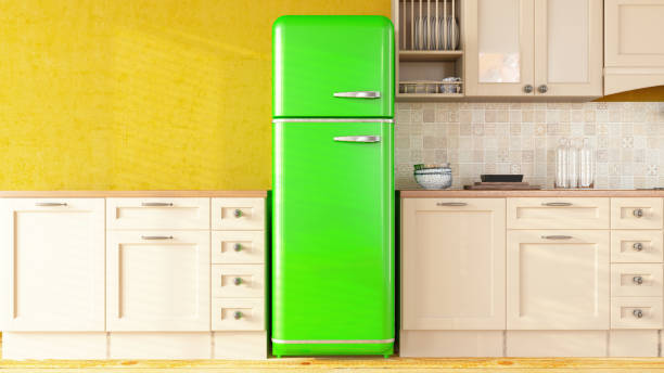 istock Cozy Kitchen Counter with a Retro Green Refridgerator and Empty Wall 2192253857