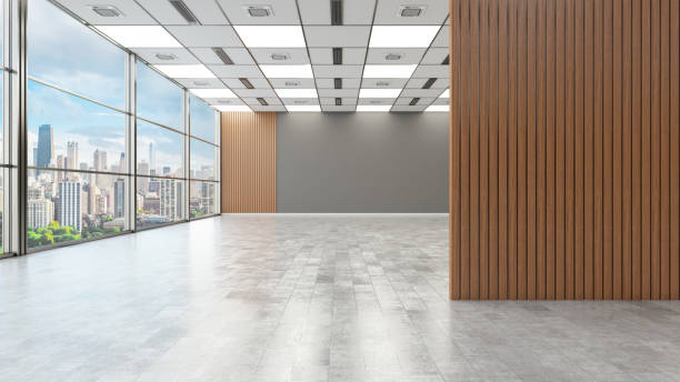 Empty Large Modern Office Space with a Cityscape and Wooden Wall