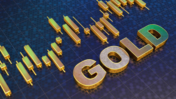 Gold Trading Concept with Golden Candle Stick Chart. 3D Render