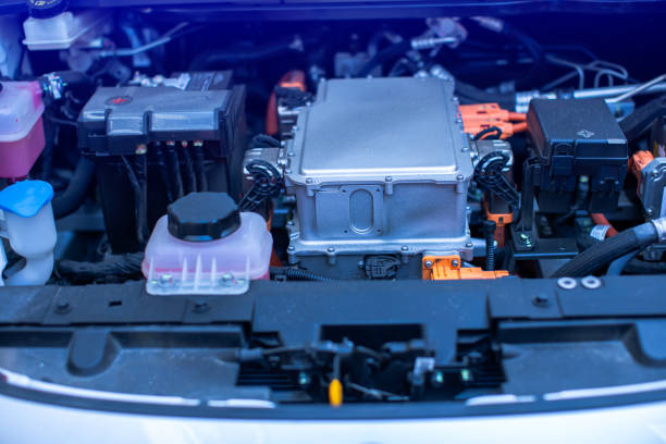 istock EV engine car engine block under hood electric vehicle high power and environmentally friendly zero emission. Chassis of the electric car with powertrain and power connection. 2192255733