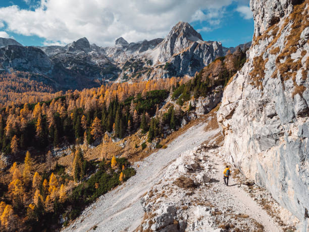 istock Hiker on Rocky Mountain Path in Autumn Landscape aerial drone view 2192259016