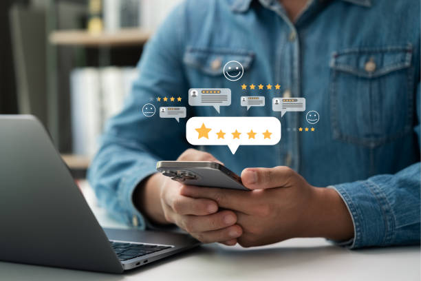 istock Customer satisfaction survey via online application, consumers give five star rating. 2192259712