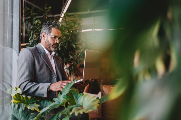 Businessman using laptop sustainable office