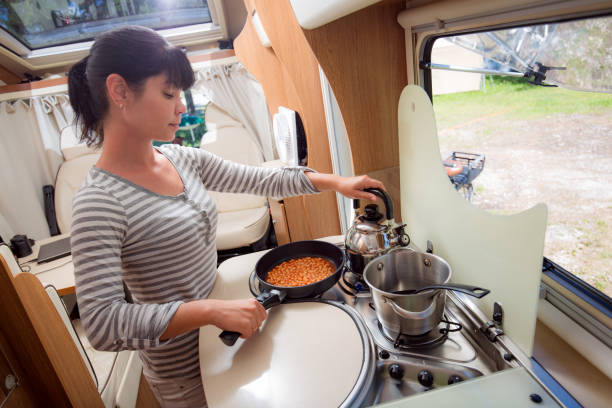 istock Woman cooking in camper, motorhome interior RV 2192261555