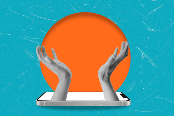 istock Modern art collage featuring hands from the phone on blue background. 2192263692