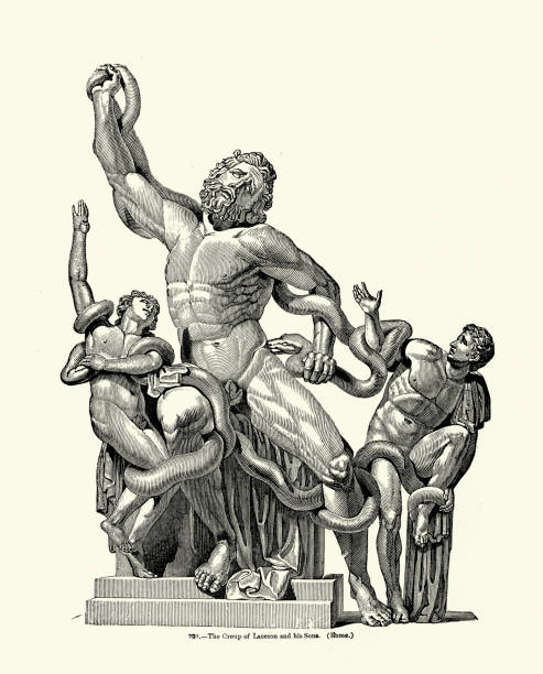 ilustraciones, imágenes clip art, dibujos animados e iconos de stock de historia del arte, escultura, estatua antigua, laocoonte y sus hijos, la escultura representa al sacerdote troyano laocoonte y sus hijos antífanes y timbraeus siendo atacados por serpientes marinas - hipocampos escultura