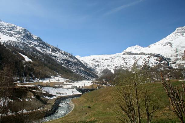 istock Snow-capped mountains under a blue sky with a flowing river in a serene valley landscape. Saas-Fee 2192265274