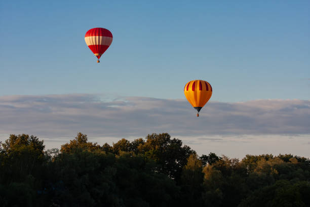 Two striped hot air balloons soar gracefully above a lush green forest, set against a tranquil morning sky with soft clouds, capturing a peaceful and scenic adventure