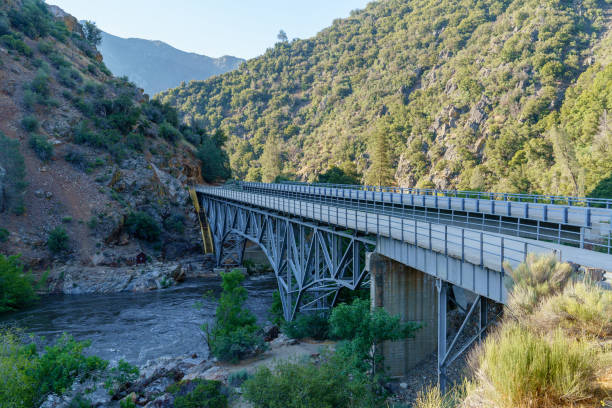 Scenic view of Johnsondale Bridge and mountains over Kern River in Camp Nelson, California