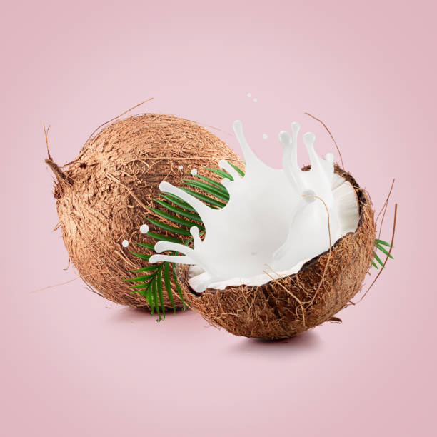 istock coconuts with palm leaf and milk splash on a light pink  background 2192283268