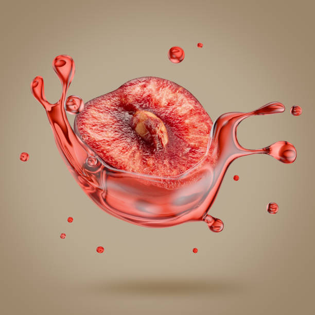 sweet cherry half  with juice splash on a light brown background
