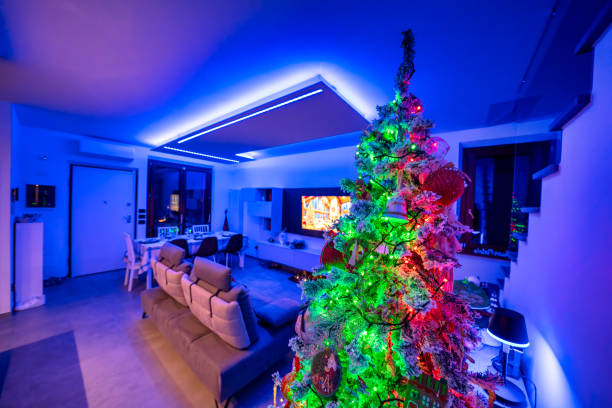 istock Stylish Christmas decorations in a living room and kitchen featuring sparkling LED lights 2192283708