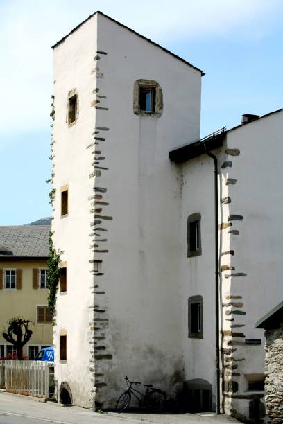 istock Historic stone tower in European village. 2192285611