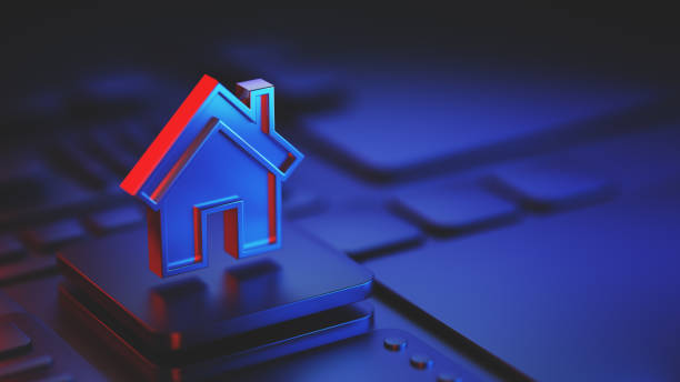 A house 3D icon symbolizing real estate innovation and digital technology advancements, with a futuristic aesthetic emphasized by its neon-like colors and a dark background.