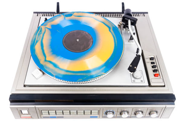 istock Vintage turntable record player with blue and orange vinyl 2192287700