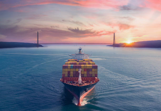 Aerial view of container ship.