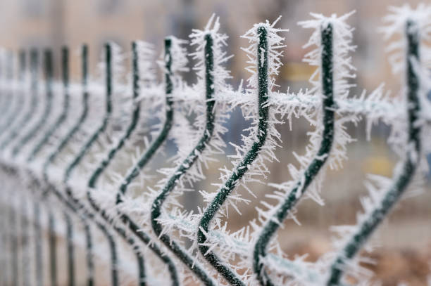 A close-up of a wavy metal fence covered in sharp frost crystals, creating a unique geometric pattern. The icy details stand out against the soft, blurred background of a winter scene.
