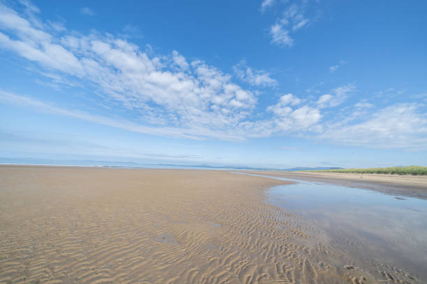 Expansive view of scenic Harlech Beach dunes and grass and ripple patterns in sand to waters edge and horizon under blue sky with high wind-blown white cloud in North Wales.