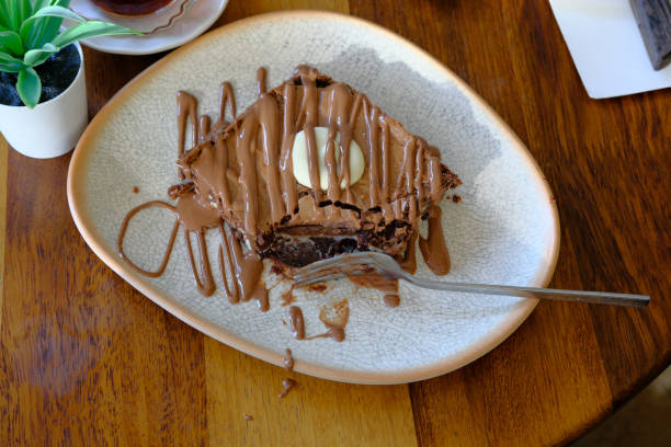 Chocolate brownie with chocolate sauce on top