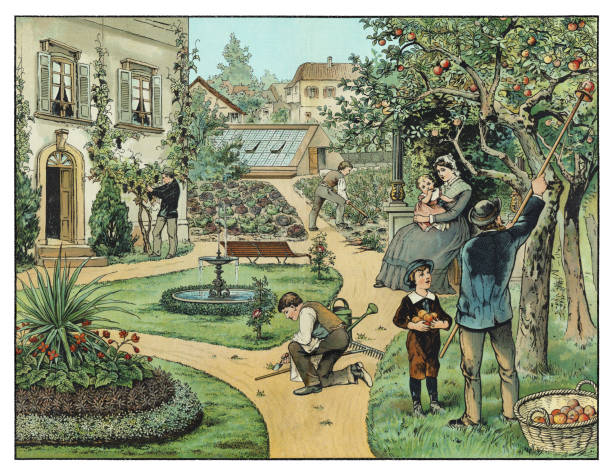 Upper class family in garden harvesting apples 1874 illustrationHigh quality scan of antique illustrationOriginal edition from my own archivesSource : Bilder zum Anschauungs-Unterricht fur die JugendEditorial : Verlag von J. F. Schreiber, Esslingen and München1874