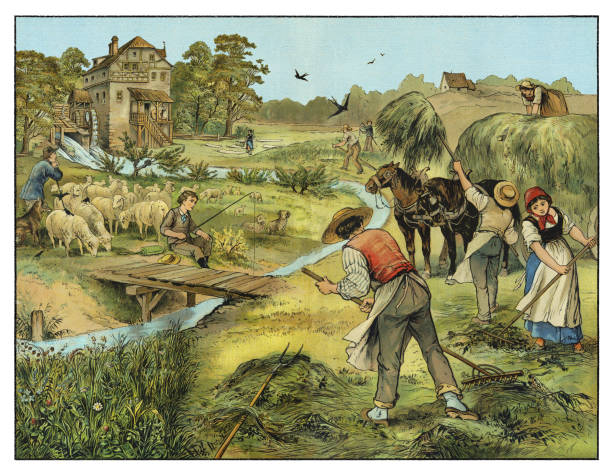 Farmers couple making hay on field near shepherd 1874 illustration Farmers couple making hay on field near shepherd 1874 illustration
High quality scan of antique illustration
Original edition from my own archives
Source : Bilder zum Anschauungs-Unterricht fur die Jugend
Editorial : Verlag von J. F. Schreiber, Esslingen and München
1874 antique pitchfork stock illustrations