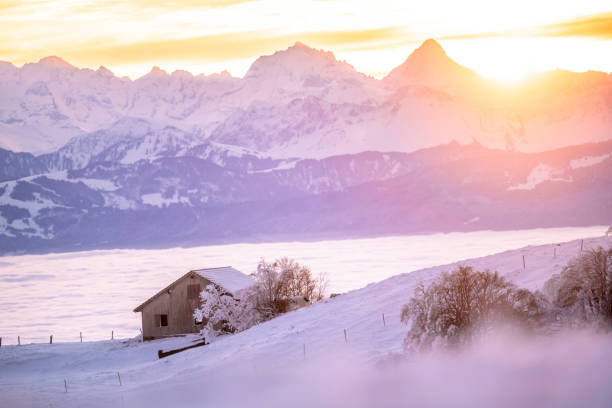 Mornings in Swiss Jura, view on alps