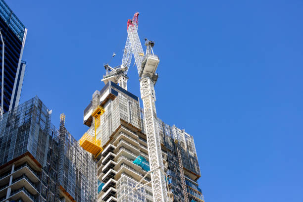 Construction of skyscrapers in the city, background with copy space, full frame horizontal composition