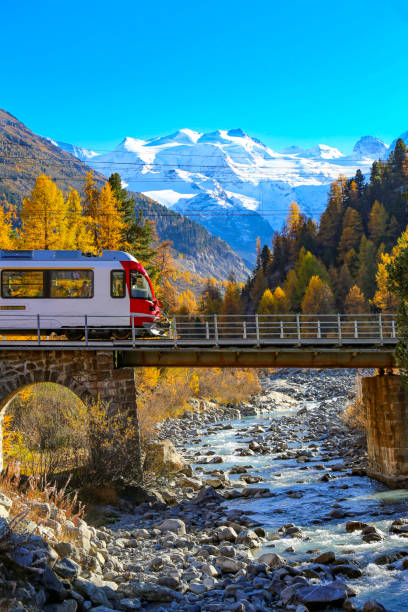 Swiss train in the Engadine Valley, Switzerland