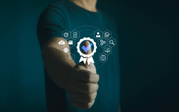 istock Quality control concept, Service best certification industrial. Service system business certificate standard iso digital technology. Quality guarantee process and satisfaction with the customer. 2192324471
