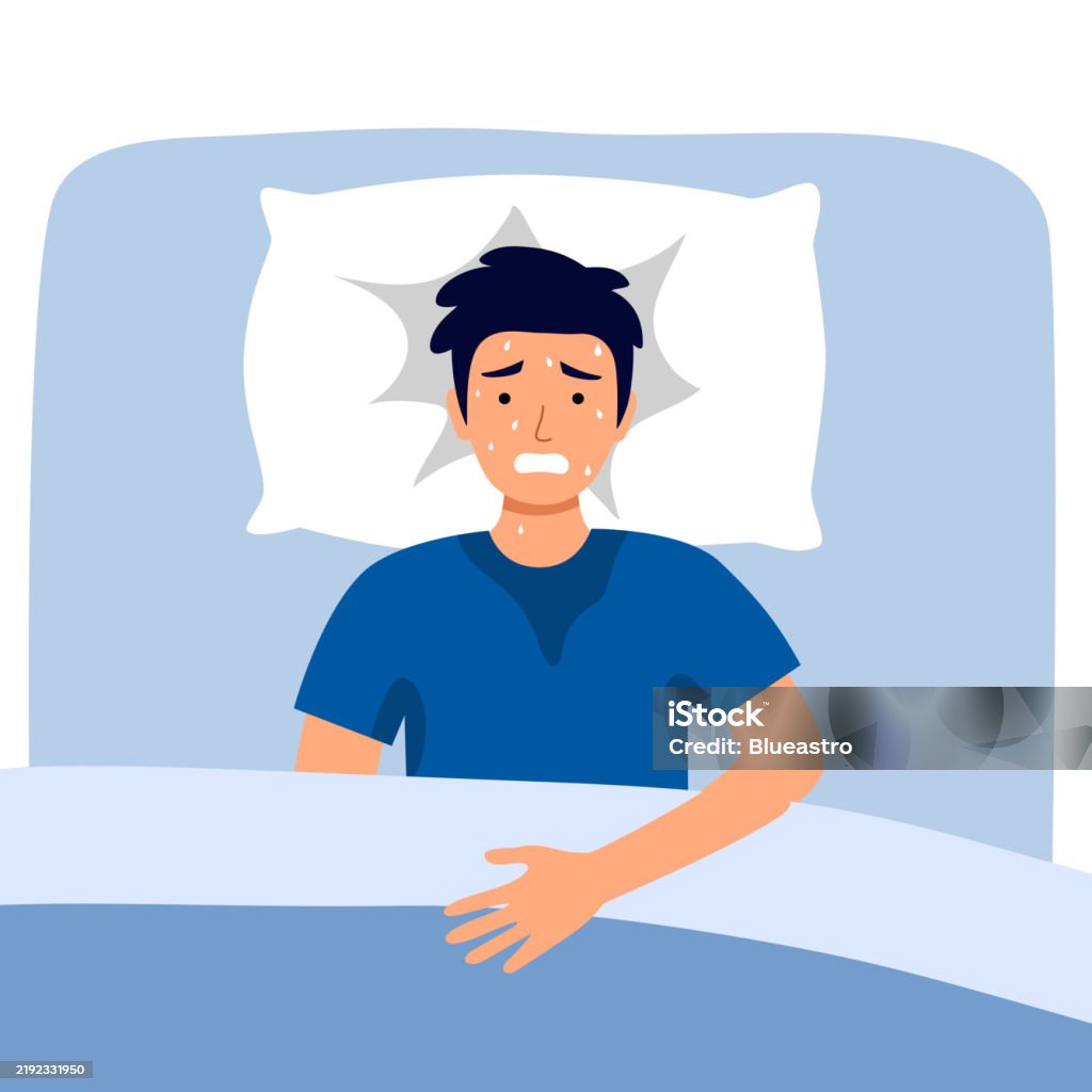 Sleep Sweating Man Lying In Bed With Sweating Symptom During Sleep Flu Symptom Stock ...