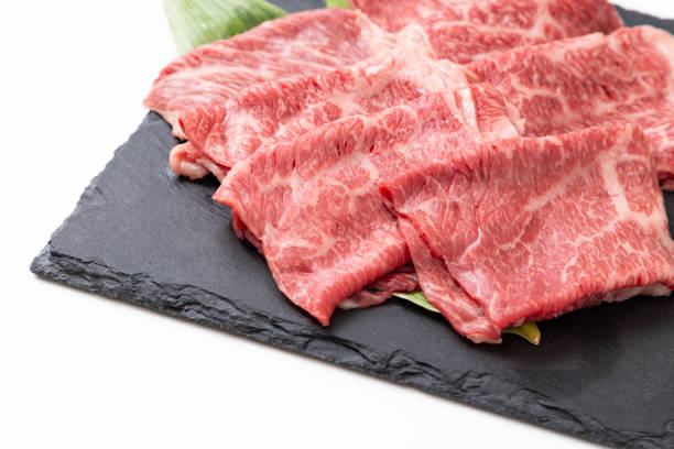 istock Beef shoulder loin for sukiyaki on white background. 2192332028