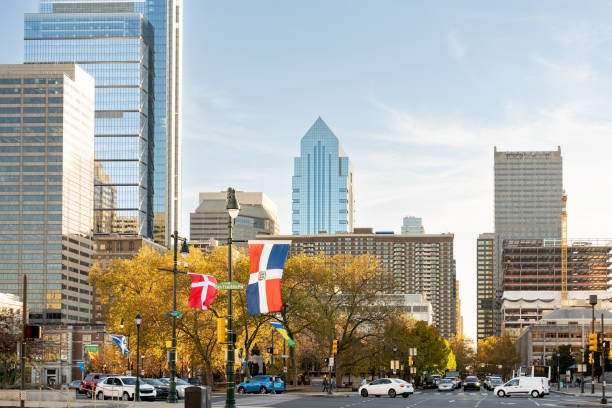 Cityscape of Philadelphia showing car and buildings
