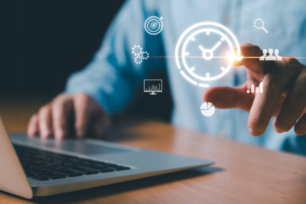 istock Business person with time management activity to improve productivity, process optimization and lean organization. Business and production improvement by time and resource planning for more profit. 2192343880