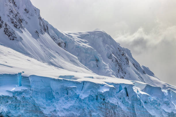Ice and snow covered shoreline of the Antarctic Peninsula. Cliffs of blue ice, steep mountain slopes covered with snow. Clouds in the background.