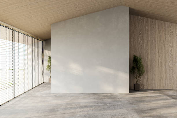 istock Modern contemporary loft empty room with nature view. There are wooden ceiling and blank concrete wall for copy space 2192348695
