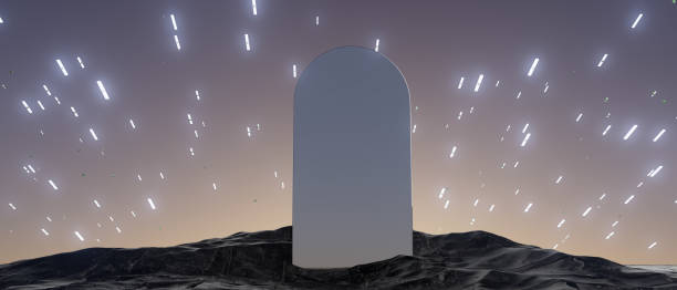A large, empty, white structure is surrounded by a field of stars. The stars are scattered throughout the sky, with some closer to the structure and others further away. Concept of wonder and awe