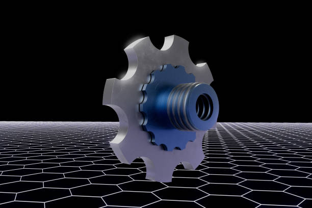 A blue gear with a silver screw in the middle. The gear is surrounded by a hexagonal pattern