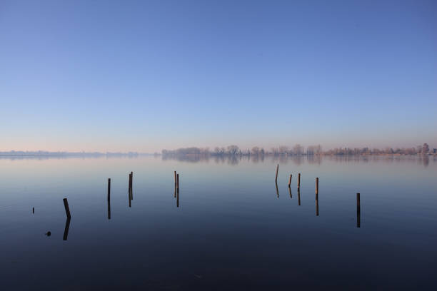Wooden poles in a park by the lakeshore on a winter morning with their reflections casted in the water