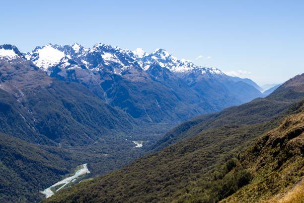 istock Majestic snow-capped mountains and lush valleys under a clear blue sky. 2192353913