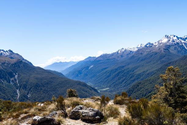 istock Snow-capped mountains and lush valleys under a clear sky. 2192353918